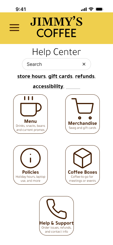 Jimmy's Coffee Help Site Landing Page